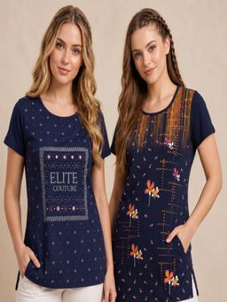 Vero Amore - Womens Navy Blue Printed Half Sleeve Round Neck Long T-Shirt (Pack of 2)