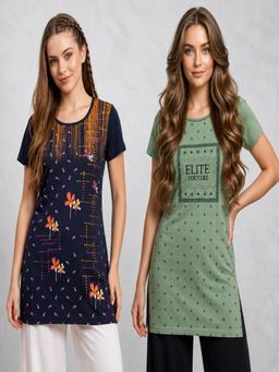 Vero Amore - Womens Printed Half Sleeve Round Neck Long T-Shirt (Pack of 2)