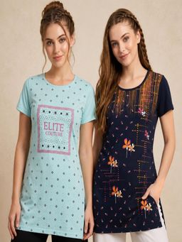 Vero Amore - Womens Printed Half Sleeve Round Neck Long T-Shirt (Pack of 2)