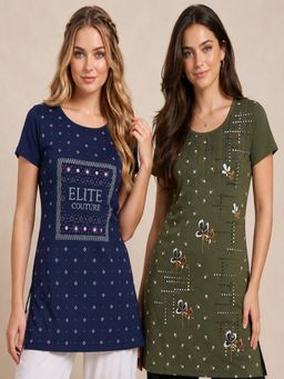 Vero Amore - Womens Printed Half Sleeve Round Neck Long T-Shirt (Pack of 2)