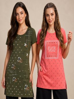 Vero Amore - Womens Printed Half Sleeve Round Neck Long T-Shirt (Pack of 2)