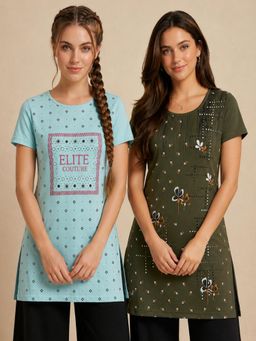 Vero Amore - Womens Printed Half Sleeve Round Neck Long T-Shirt (Pack of 2)