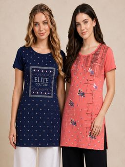 Vero Amore - Womens Printed Half Sleeve Round Neck Long T-Shirt (Pack of 2)