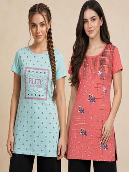 Vero Amore - Womens Printed Half Sleeve Round Neck Long T-Shirt (Pack of 2)