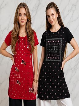 Vero Amore - Womens Printed Half Sleeve Round Neck Long T-Shirt (Pack of 2)