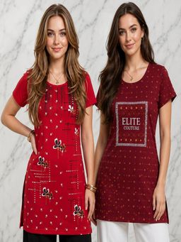 Vero Amore - Womens Printed Half Sleeve Round Neck Long T-Shirt (Pack of 2)
