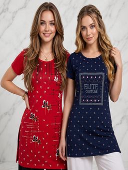 Vero Amore - Womens Printed Half Sleeve Round Neck Long T-Shirt (Pack of 2)
