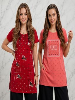 Vero Amore - Womens Printed Half Sleeve Round Neck Long T-Shirt (Pack of 2)