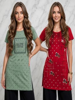 Vero Amore - Womens Printed Half Sleeve Round Neck Long T-Shirt (Pack of 2)