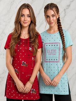 Vero Amore - Womens Printed Half Sleeve Round Neck Long T-Shirt (Pack of 2)