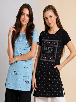 Vero Amore - Womens Printed Half Sleeve Round Neck Long T-Shirt (Pack of 2)