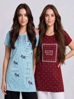 Vero Amore - Womens Printed Half Sleeve Round Neck Long T-Shirt (Pack of 2)