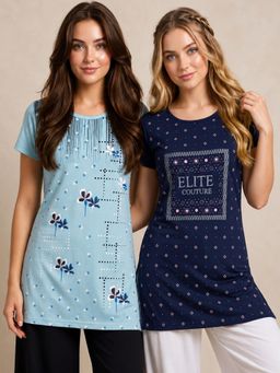 Vero Amore - Womens Printed Half Sleeve Round Neck Long T-Shirt (Pack of 2)