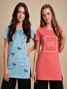 Vero Amore - Womens Printed Half Sleeve Round Neck Long T-Shirt (Pack of 2)