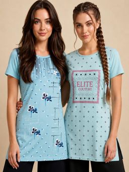 Vero Amore - Womens Blue Printed Half Sleeve Round Neck Long T-Shirt (Pack of 2)