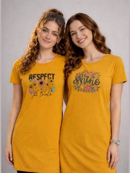 Vero Amore - Womens Mustard Printed Half Sleeve Round Neck Long T-Shirt (Pack of 2)