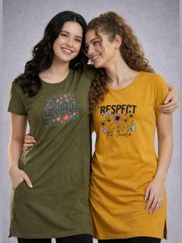 Vero Amore - Womens Printed Half Sleeve Round Neck Long T-Shirt (Pack of 2)