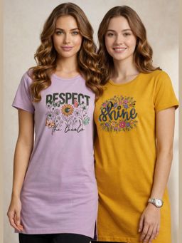 Vero Amore - Womens Printed Half Sleeve Round Neck Long T-Shirt (Pack of 2)