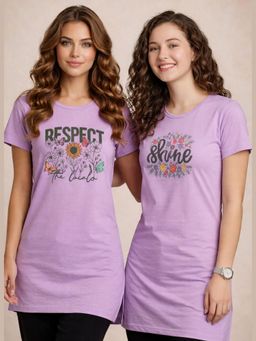 Vero Amore - Womens Lavender Printed Half Sleeve Round Neck Long T-Shirt (Pack of 2)