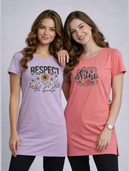 Vero Amore - Womens Printed Half Sleeve Round Neck Long T-Shirt (Pack of 2)