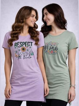 Vero Amore - Womens Printed Half Sleeve Round Neck Long T-Shirt (Pack of 2)