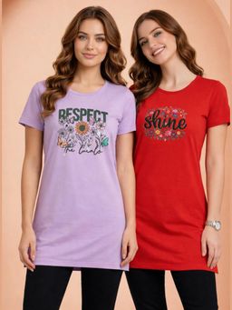 Vero Amore - Womens Printed Half Sleeve Round Neck Long T-Shirt (Pack of 2)