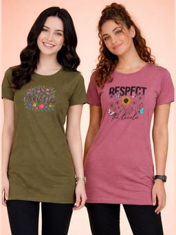 Vero Amore - Womens Printed Half Sleeve Round Neck Long T-Shirt (Pack of 2)