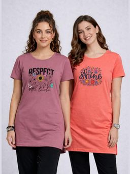 Vero Amore - Womens Printed Half Sleeve Round Neck Long T-Shirt (Pack of 2)