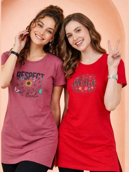 Vero Amore - Womens Printed Half Sleeve Round Neck Long T-Shirt (Pack of 2)