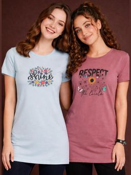Vero Amore - Womens Printed Half Sleeve Round Neck Long T-Shirt (Pack of 2)