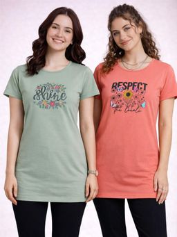Vero Amore - Womens Printed Half Sleeve Round Neck Long T-Shirt (Pack of 2)