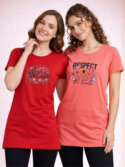 Vero Amore - Womens Printed Half Sleeve Round Neck Long T-Shirt (Pack of 2)