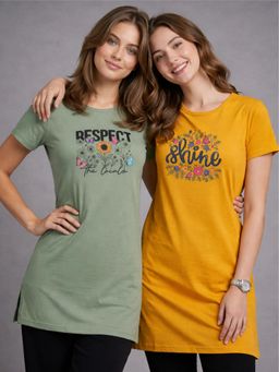 Vero Amore - Womens Printed Half Sleeve Round Neck Long T-Shirt (Pack of 2)