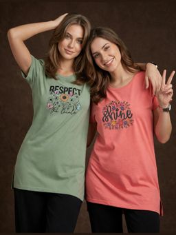 Vero Amore - Womens Printed Half Sleeve Round Neck Long T-Shirt (Pack of 2)