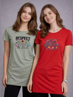 Vero Amore - Womens Printed Half Sleeve Round Neck Long T-Shirt (Pack of 2)