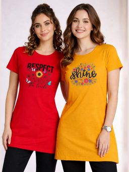 Vero Amore - Womens Printed Half Sleeve Round Neck Long T-Shirt (Pack of 2)