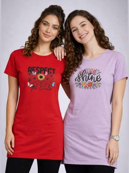Vero Amore - Womens Printed Half Sleeve Round Neck Long T-Shirt (Pack of 2)