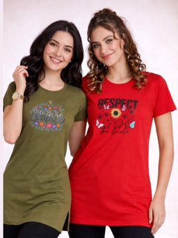 Vero Amore - Womens Printed Half Sleeve Round Neck Long T-Shirt (Pack of 2)