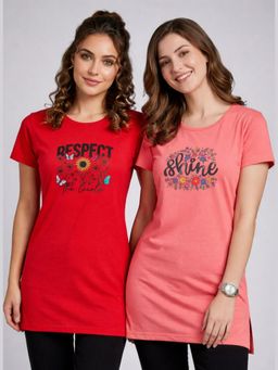 Vero Amore - Womens Printed Half Sleeve Round Neck Long T-Shirt (Pack of 2)