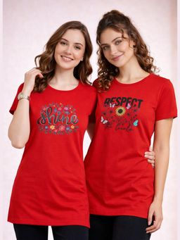 Vero Amore - Womens Red Printed Half Sleeve Round Neck Long T-Shirt (Pack of 2)