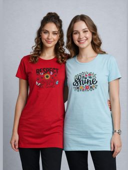 Vero Amore - Womens Printed Half Sleeve Round Neck Long T-Shirt (Pack of 2)