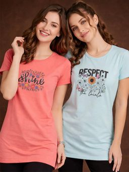Vero Amore - Womens Printed Half Sleeve Round Neck Long T-Shirt (Pack of 2)