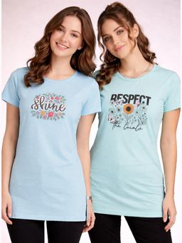 Vero Amore - Womens Blue Printed Half Sleeve Round Neck Long T-Shirt (Pack of 2)