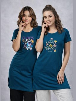 Vero Amore - Womens Teal Printed Half Sleeve Round Neck Long T-Shirt (Pack of 2)