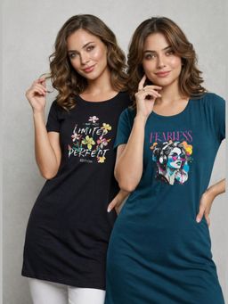 Vero Amore - Womens Printed Half Sleeve Round Neck Long T-Shirt (Pack of 2)