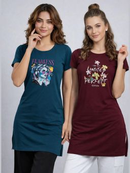 Vero Amore - Womens Printed Half Sleeve Round Neck Long T-Shirt (Pack of 2)