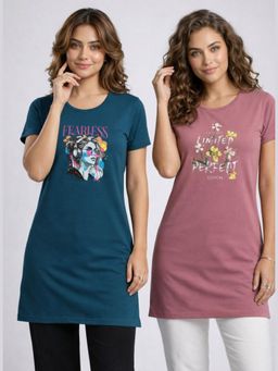 Vero Amore - Womens Printed Half Sleeve Round Neck Long T-Shirt (Pack of 2)