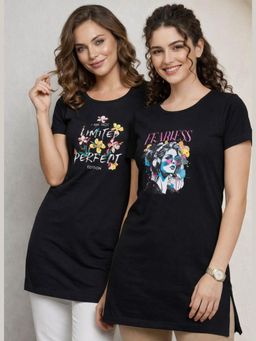 Vero Amore - Womens Black Printed Half Sleeve Round Neck Long T-Shirt (Pack of 2)