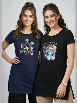 Vero Amore - Womens Printed Half Sleeve Round Neck Long T-Shirt (Pack of 2)