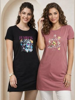 Vero Amore - Womens Printed Half Sleeve Round Neck Long T-Shirt (Pack of 2)
